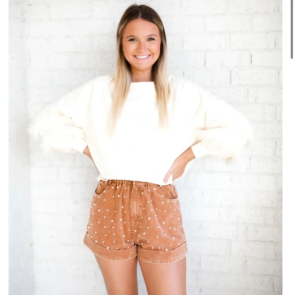 Fantastic Fawn Brown Corduroy Cuff Short with Pearl Accent Paper Bag Waist L